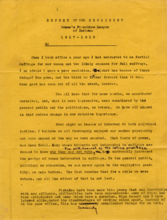 Report of the President, Woman's Franchise League of Indiana, 1917-1918