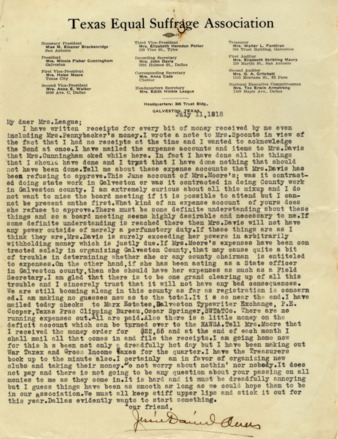 Letter from Mrs. Jessie Daniel Ames to Mrs. E. League, regarding finances