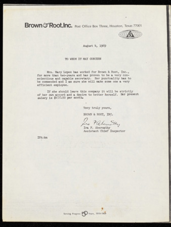 Letter of Reference, Ira F. Abernathy regarding Mary F. Lopez