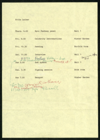Fritz Leiber Schedule for Seacon