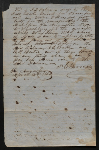 Promissory note to A. E. Baker for transporting mail from San Augustine to Lynchberg