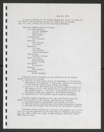 First Senate, University of Houston Student Government Association, Minutes, July 28, 1964
