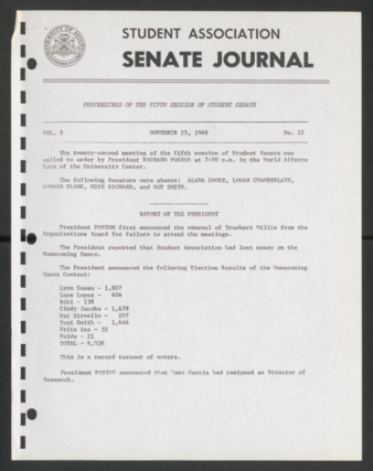 Senate Journal, Fifth Senate, University of Houston Student Government Association, Minutes, Vol. 5, No. 22, November 25, 1968