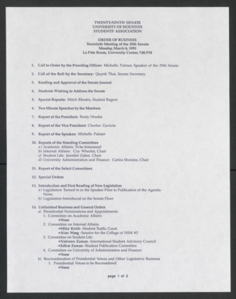 Twenty-ninth Senate, University of Houston, Students' Association, Order of Business, Twentieth Meeting, March 8, 1993