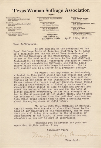 Letter from Minnie Fisher Cunningham to Suffragist, opposing the election of Mrs. W. D. Lamar as the President of the Daughters of the Confederacy