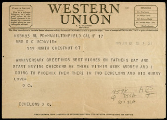 Western Union Telegram from Capt. O. C. McDavid to Inez McDavid, 1945 June 18