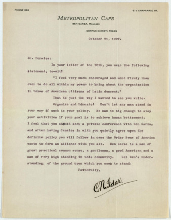 Letter from Clemente N. Idar to Alonso S. Perales, 1927 October 21
