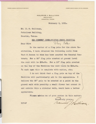 Letter from Maurice J. Sullivan to J. S. Cullinan, 1931 February 9