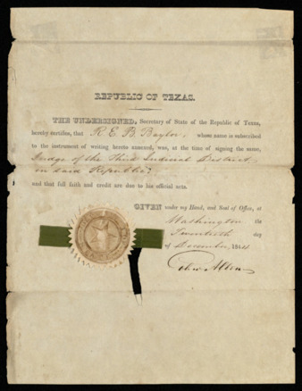 Certification of Robert E. B. Baylor as a Judge of the Third Judicial District in the Republic of Texas by John Allen