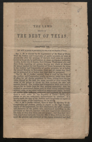 "The Laws Relating to the Debt of Texas, An ACT to provide for ascertaining the debt of the late Republic of Texas"