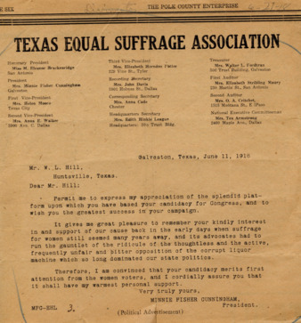 Letter from Minnie Fisher Cunningham to Mr. W. L. Hill, used as a political advertisement