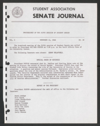 Senate Journal, Fifth Senate, University of Houston Student Government Association, Minutes, Vol. 5, No. 20, November 11, 1968
