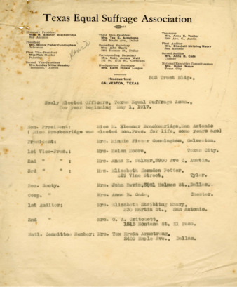 Newly Elected Officers, Texas Equal Suffrage Assn., for year beginning May 1, 1917
