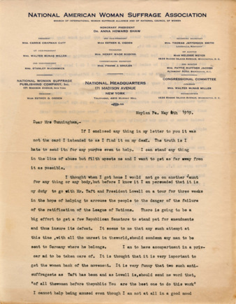 Letter from Anna H. Shaw to Mrs. Cunningham, appraising her major events of the suffragette tours