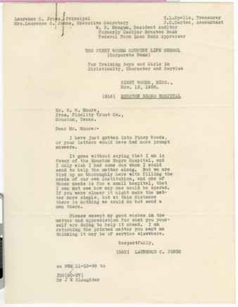 Letter from Laurence C. Jones to W. W. Moore, 1928 November 12