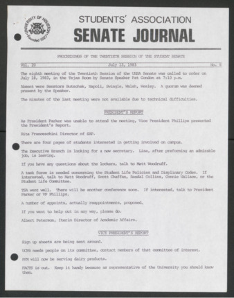 Senate Journal, Twentieth Senate, University of Houston Student Government Association, Minutes, Vol. 20, No. 8, July 13, 1983