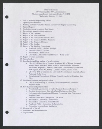 Order of Business, 15th Meeting of the 45th Administration, October 22, 2008