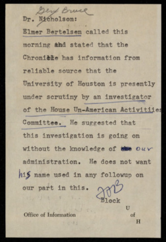 Memorandum to A. D. Bruce, concerning the university possibly being under investigation of the House Un-American Committee
