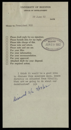 Memorandum from Patrick J. Nicholson to Philip G. Hoffman, concerning dormitories