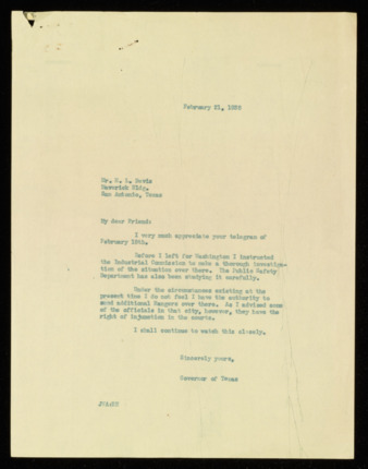 Letter from Governor James V. Allred to H. L. Davis, 1938 February 21