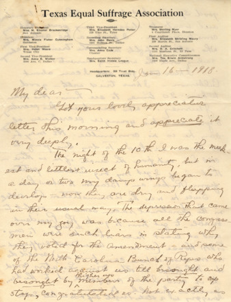 Letter from Elizabeth Herndon Potter, recording her suffrage work with senators