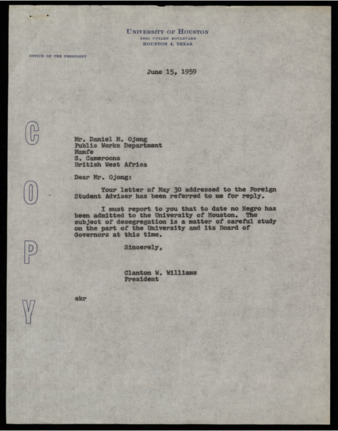 Correspondence between Daniel M. Ojong and Clanton W. Williams, requesting an application for the College of Technology