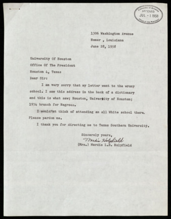 Correspondence between Merdis L. B. Holyfield and Alfred R. Neumann, regarding a letter sent to the University by mistake