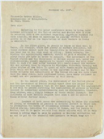 Letter from Alonso S. Perales to Watson Miller, 1947 November 24