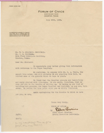 Letter from Ethel Brosius to W. T. Sinclair and J. S. Cullinan, 1929 July 26