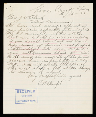 Letter from C. H. Murph to Governor James V. Allred, 1938 February 16