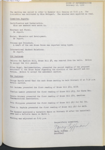 Hardbound Senate Journal, House of Representatives, Minutes, February 12, 1962