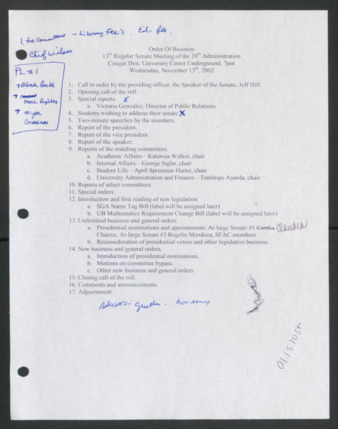 Order of Business [Agenda], 13th Senate Meeting of the 39th Administration, November 13, 2002