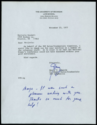 Letter from Harry T. Edwards to Marjorie Randal, 1977 November 23