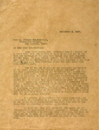 Letter to Miss M. Brackenridge on the work of Minnie Fisher Cunningham