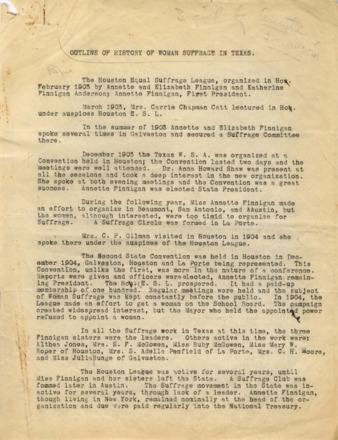 Outline of History of Woman Suffrage in Texas