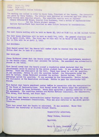 Hardbound Senate Journal, Student Senate, Minutes, March 11, 1963