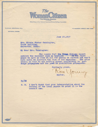 Letter from Rose Young, Editor of The Woman Citizen to Mrs. Minnie Fisher Cunningham