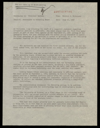Memorandum from Patrick J. Nicholson to Philip G. Hoffman, regarding a suggested statement for the governing board over integration policies for 1962-1963