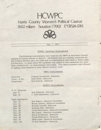 Harris County Women's Political Caucus, March 1974