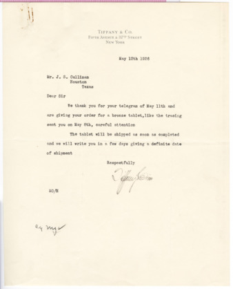 Letter from Tiffany & Co. to J. S. Cullinan, 1926 May 12