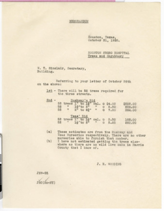 Letter from J. E. Wooding to W. T. Sinclair, 1928 October 31