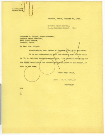 Letter from W. T. Sinclair to Margaret H. Bright, 1932 January 23