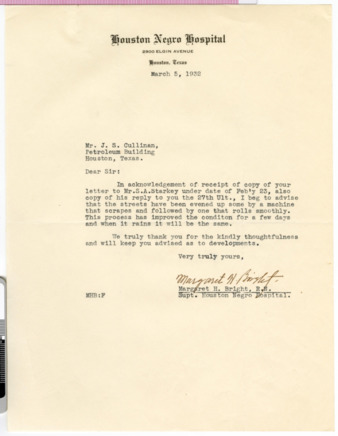 Letter from Margaret H. Bright to J. S. Cullinan, 1932 March 5