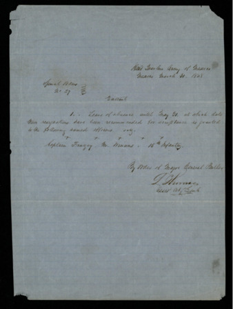 Special Orders No. 27 regarding granting leave of absence and then the resignation of Capt. Frazey, M. Winans, and the entire 15th Infantry
