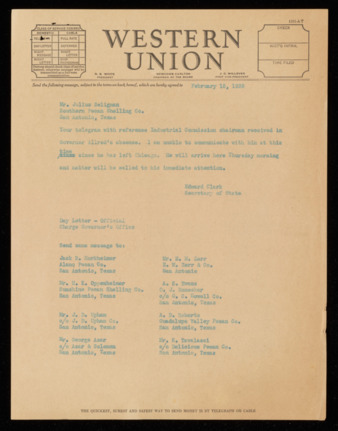 Telegram from Edward Clark to Julius Seligman, 1938 February 15