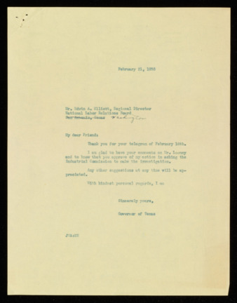 Letter from Governor James V. Allred to Edwin A. Elliott, 1938 February 21
