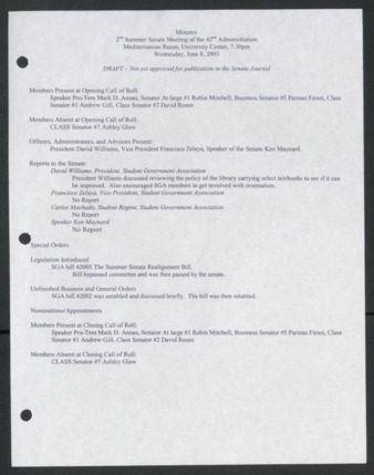Order of Business [Minutes], 2nd Summer Senate Meeting of the 42nd Administration, June 8, 2005