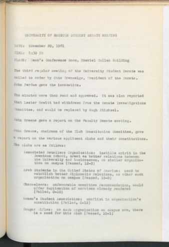 Hardbound Senate Journal, Student Senate, Minutes, November 20, 1961