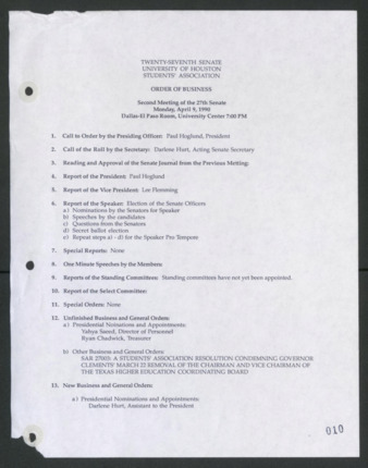 Twenty-seventh Senate, University of Houston, Students' Association, Order of Business, Second Meeting, April 9, 1990