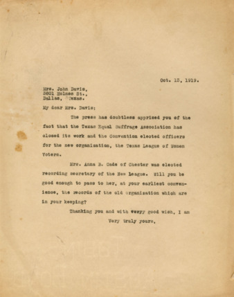 Letter to Mrs. John Davis, informing closure of the Texas Equal Suffrage Association and its reincorporation as the Texas League of Women Voters